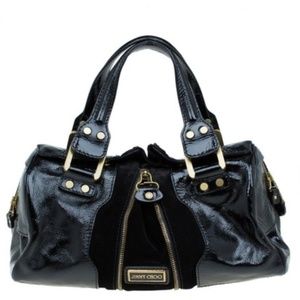 Jimmy Choo Expandable Marla Patent Leather & Suede Satchel, Black Gold Zipper